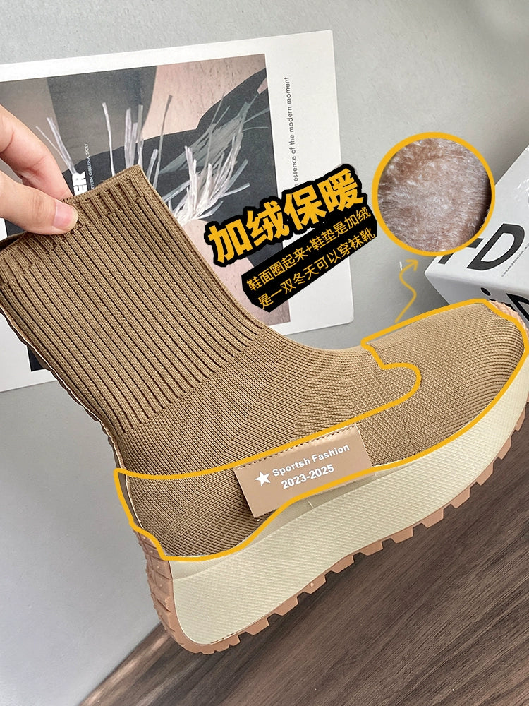 Winter Fleece-Lined Platform Ins High-Top Clunky Sneakers Ankle Sock Boots