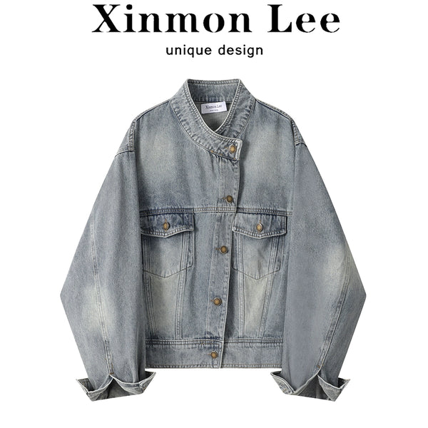 Retro Stand Collar Casual Slim Looking Top Denim Jacket