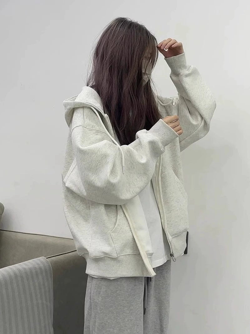 Casual Gray Cardigan Hood Zip-up Hoodie Outerwear Women 2024 Spring and Autumn Design Sense Niche Oversize Top