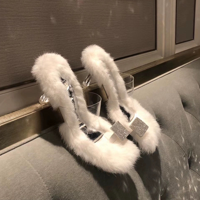 Fashion White Fur Slippers Flip Toe Stiletto Rhinestone