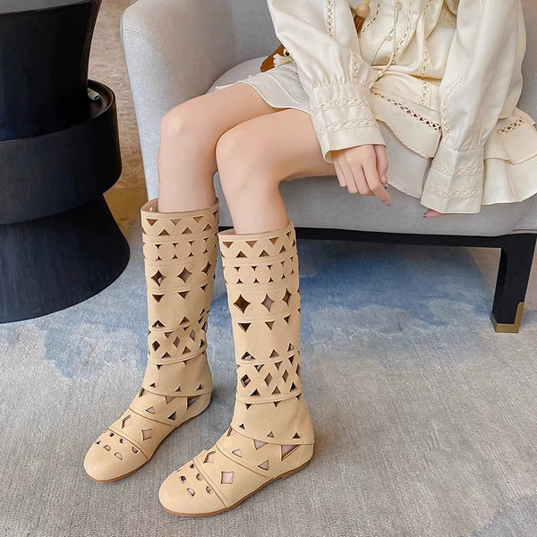 Women's Boots 2024 New Arrival Summer Stylish Cut Out round Toe High Leg Boot Bohemia Style Long Tube Mesh Boots