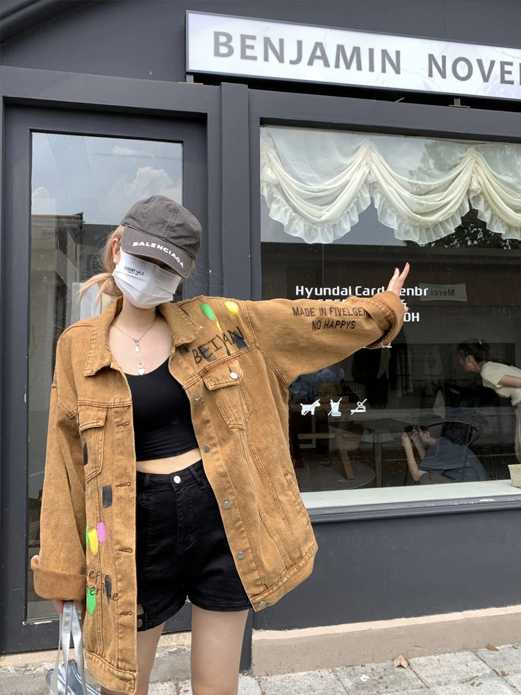 Graffiti BF Idle Style Niche Maillard Denim Coat