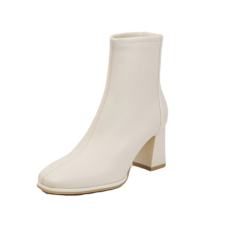 French Style Chunky Heel Small Square Head White Elastic Booties