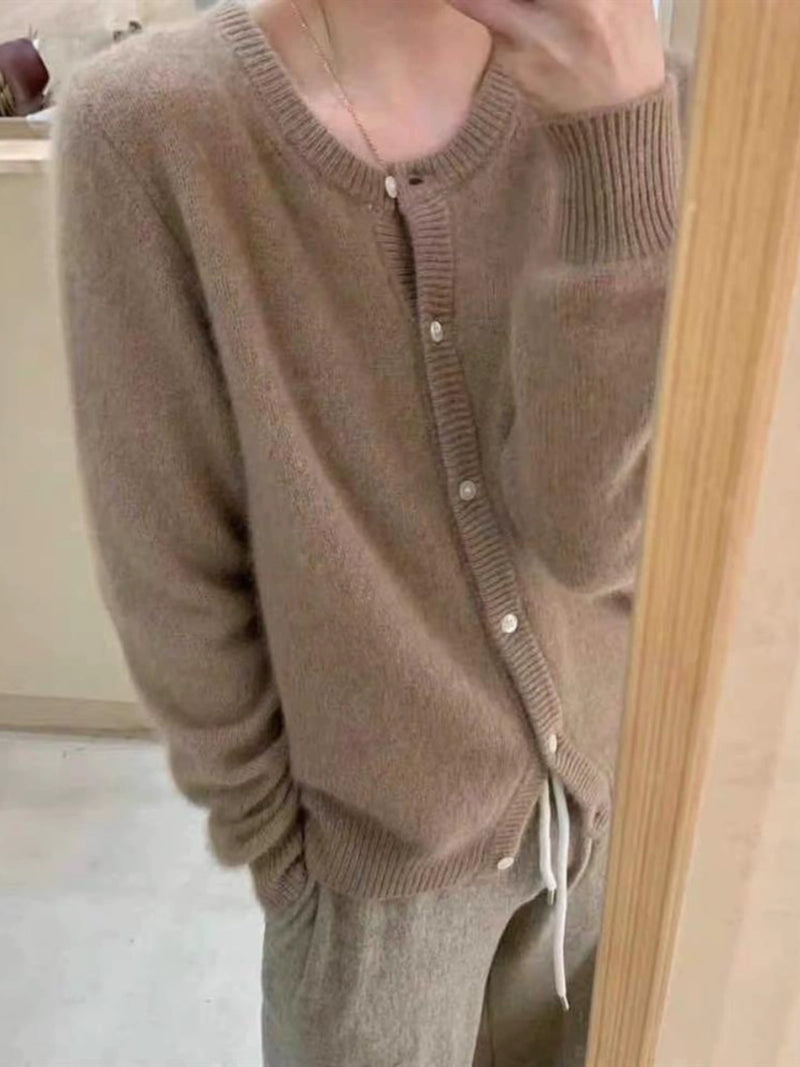Gray round-Collar Base Ride Knitting Cardigan Sweater
