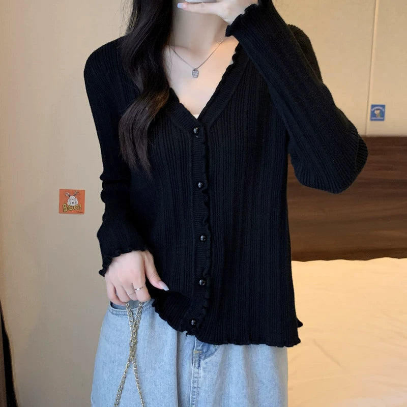 V-neck Slimming Soft Nuo Sweater Long Sleeve Knitted Cardigan