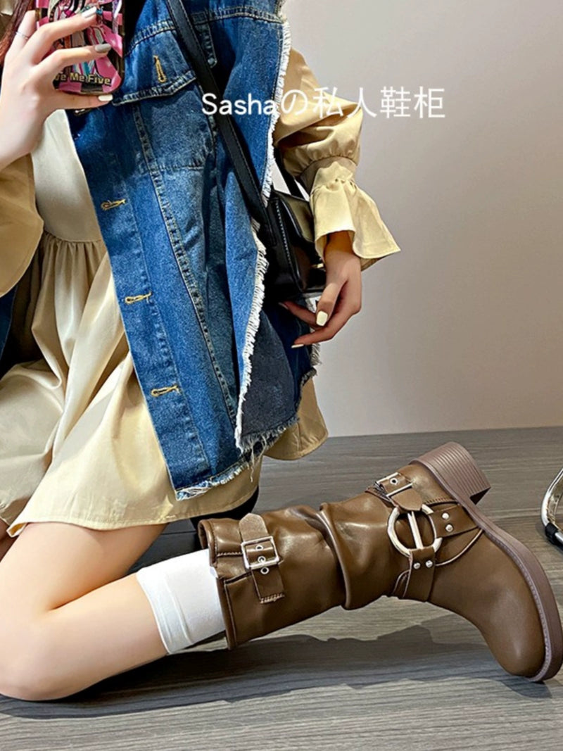 Fashion Retro Belt Buckle Ruched Motorcycle Pile Style Boots
