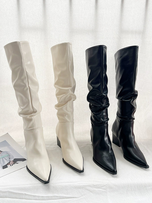 2023 Autumn Pointed Toe Chunky Heel Knee High Long Boots Female Fashion Ruched Sleeve Knight Boots High Heel below the Knee Boots