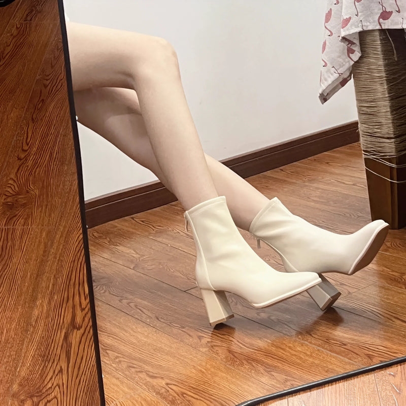 French Style Chunky Heel Small Square Head White Elastic Booties