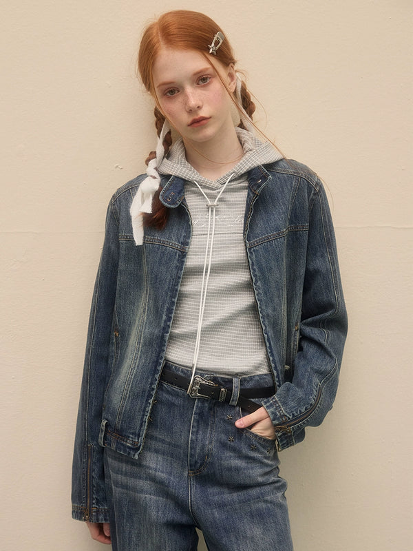 23aw Lolol Stand Collar Shoulder Clip Denim Jacket