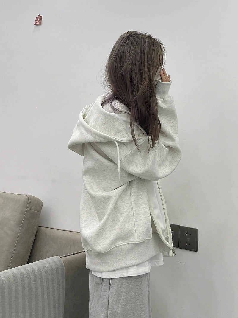 Casual Gray Cardigan Hood Zip-up Hoodie Outerwear Women 2024 Spring and Autumn Design Sense Niche Oversize Top