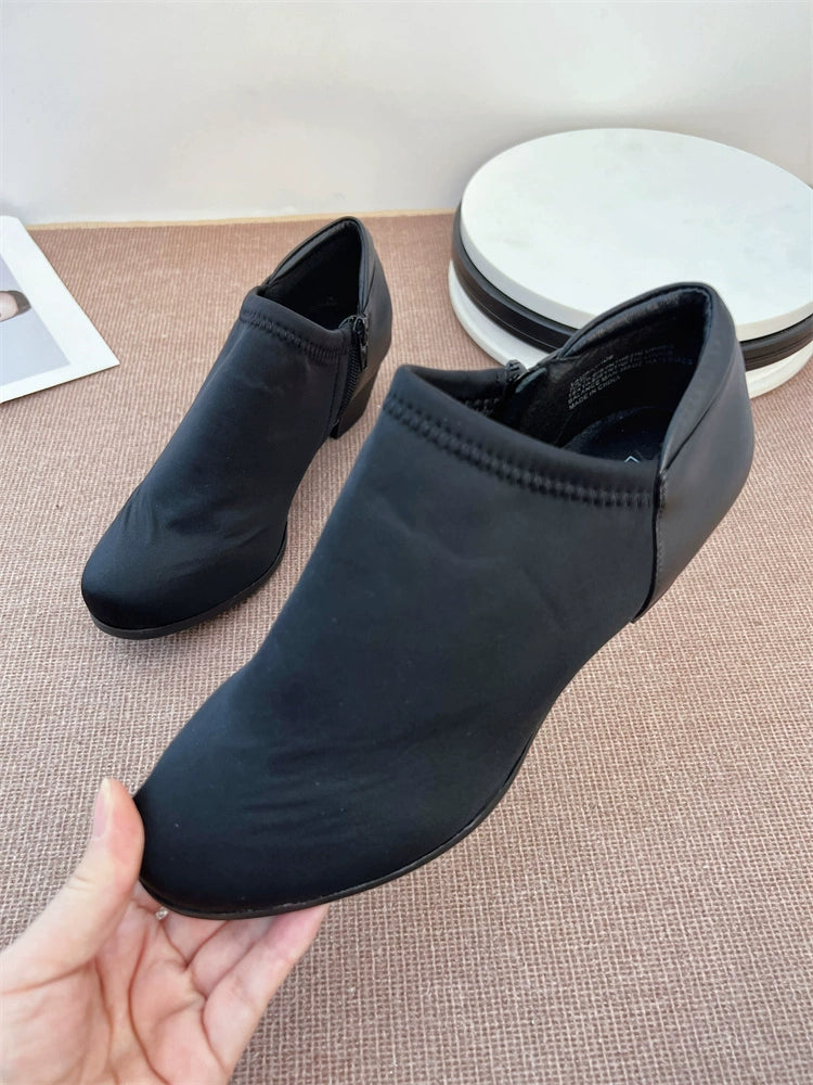 Satin Surface Deep Mouth Flats Export [Handmade Shoes Comfortable Ceiling] plus Size Patchwork round Head Chunky Heel Ankle Boots