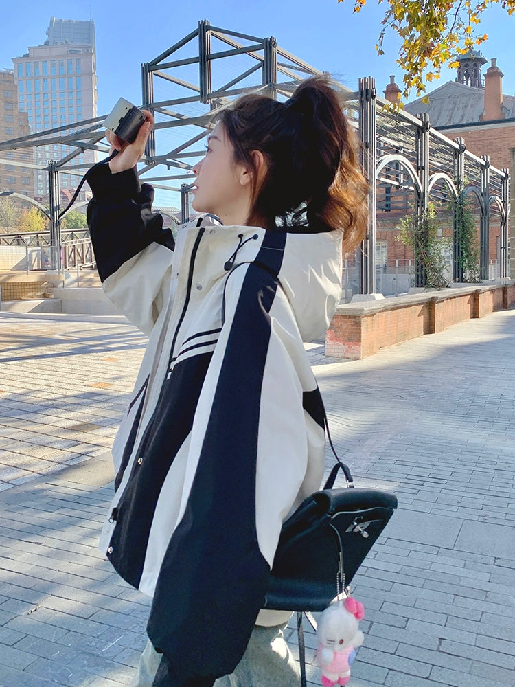 Stylish Black and White Contrast Color Early Spring Casual Shell Jacket