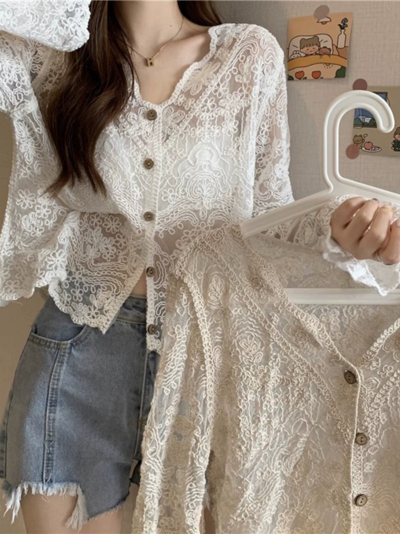 Coat Women's Lace Hollow out V-neck Shawl Knitted Cardigan