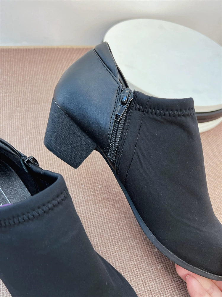 Satin Surface Deep Mouth Flats Export [Handmade Shoes Comfortable Ceiling] plus Size Patchwork round Head Chunky Heel Ankle Boots