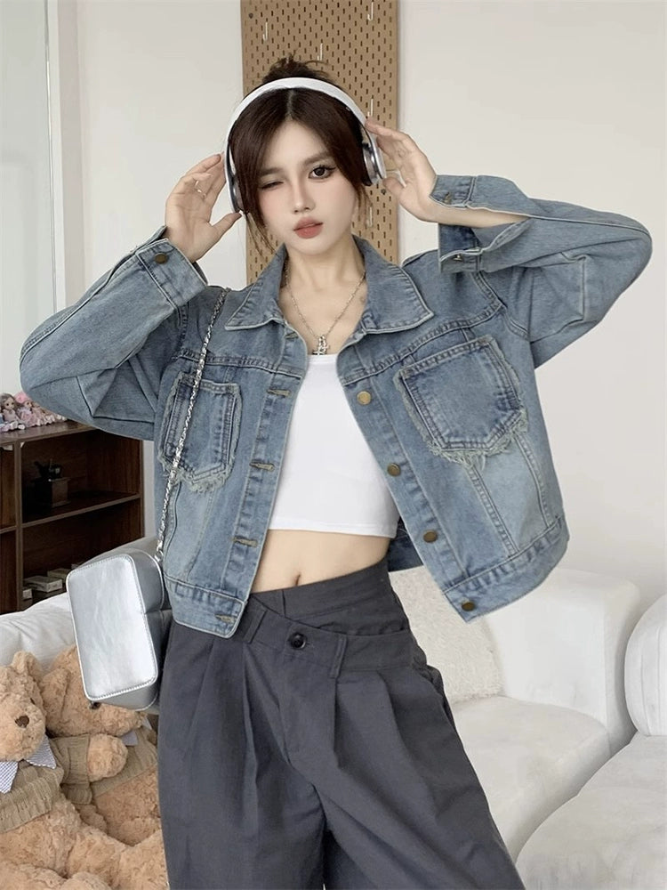 Autumn Loose Burrs Denim Jacket Tops Short Coat