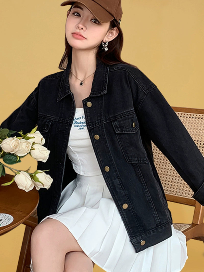 Fashion Black Loose plus Size Short Denim Coat