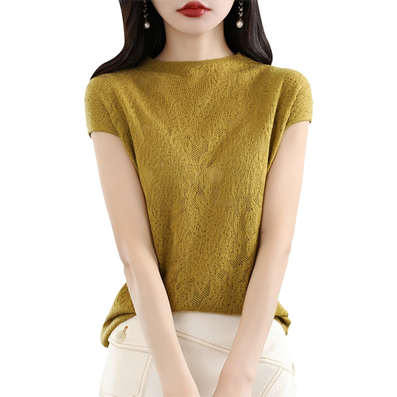 T-shirt Half Turtleneck Lace Short Sleeve Thin Sweater