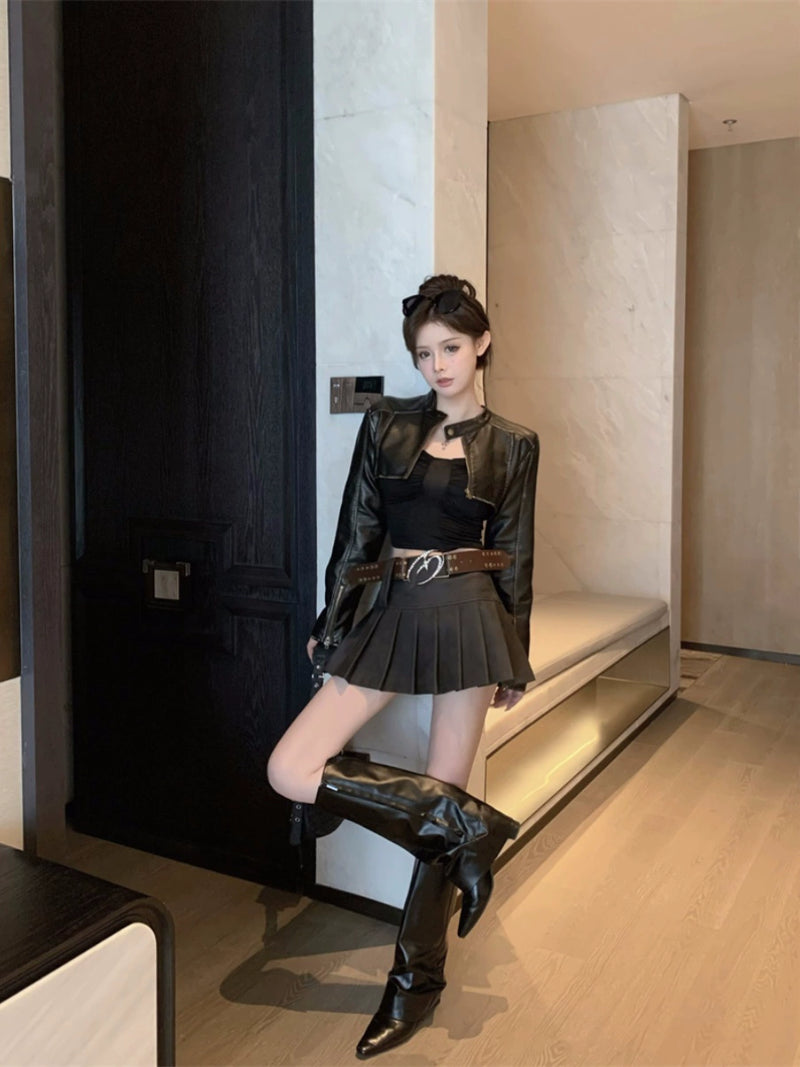 Sexy Leather Coat Short Slim-Fit Cardigan Locomotive
