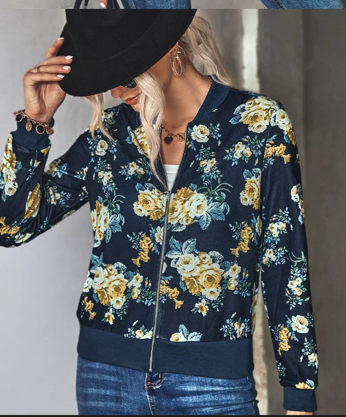 Fashion Style Street Elegant AliExpress Print round Neck Zip Long Sleeve Coat Women's Jacket Fashion