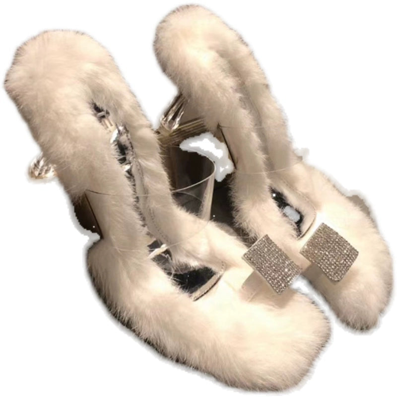 Fashion White Fur Slippers Flip Toe Stiletto Rhinestone