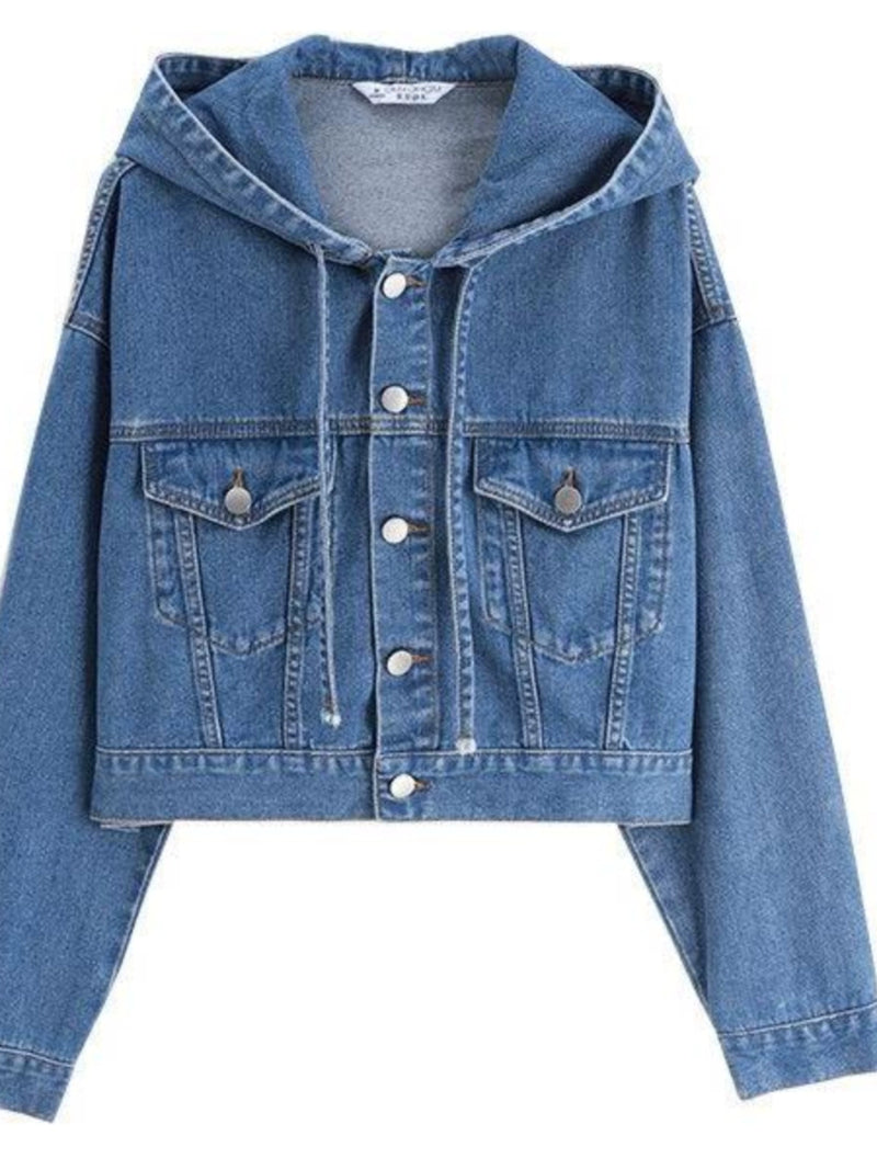 Casual Polo Collar Hooded Jacket Top Denim Short Coat