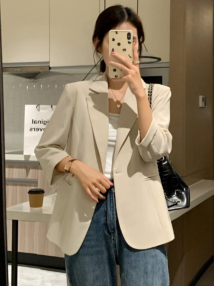 Women's Beige Korean-Style 3/4 Sleeve Suit Coat