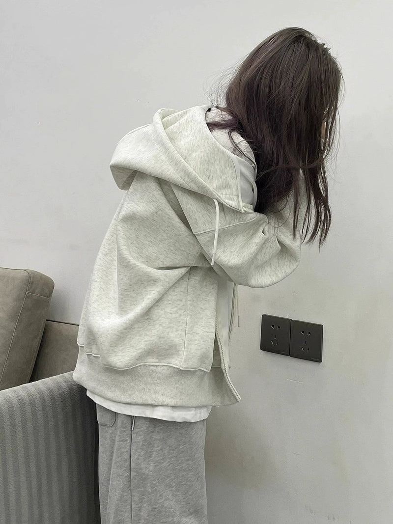 Casual Gray Cardigan Hood Zip-up Hoodie Outerwear Women 2024 Spring and Autumn Design Sense Niche Oversize Top