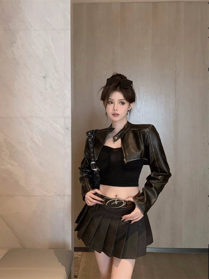 Sexy Leather Coat Short Slim-Fit Cardigan Locomotive