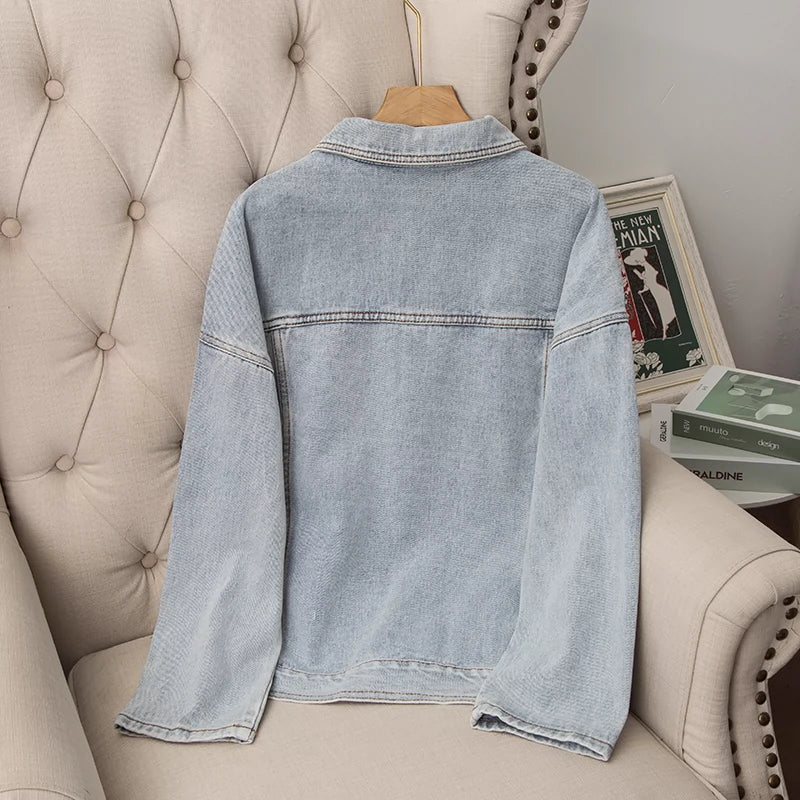 Textured Twill Denim Cotton/Comes with a Wide Version! Lapel Profile Washed Denim Outwear Women's Jacket