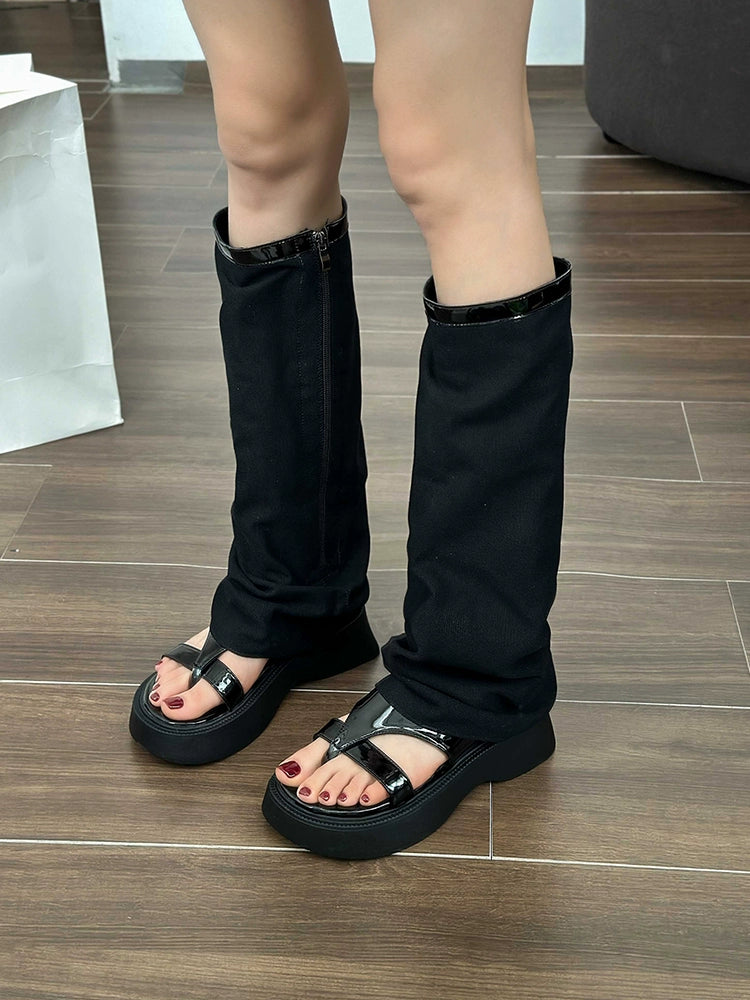 Kuguan Boots for Women 2023 New Summer Thick Sole Height Increasing Niche Roman Flip Flops Sandals Niche Retro Fried Street Boots