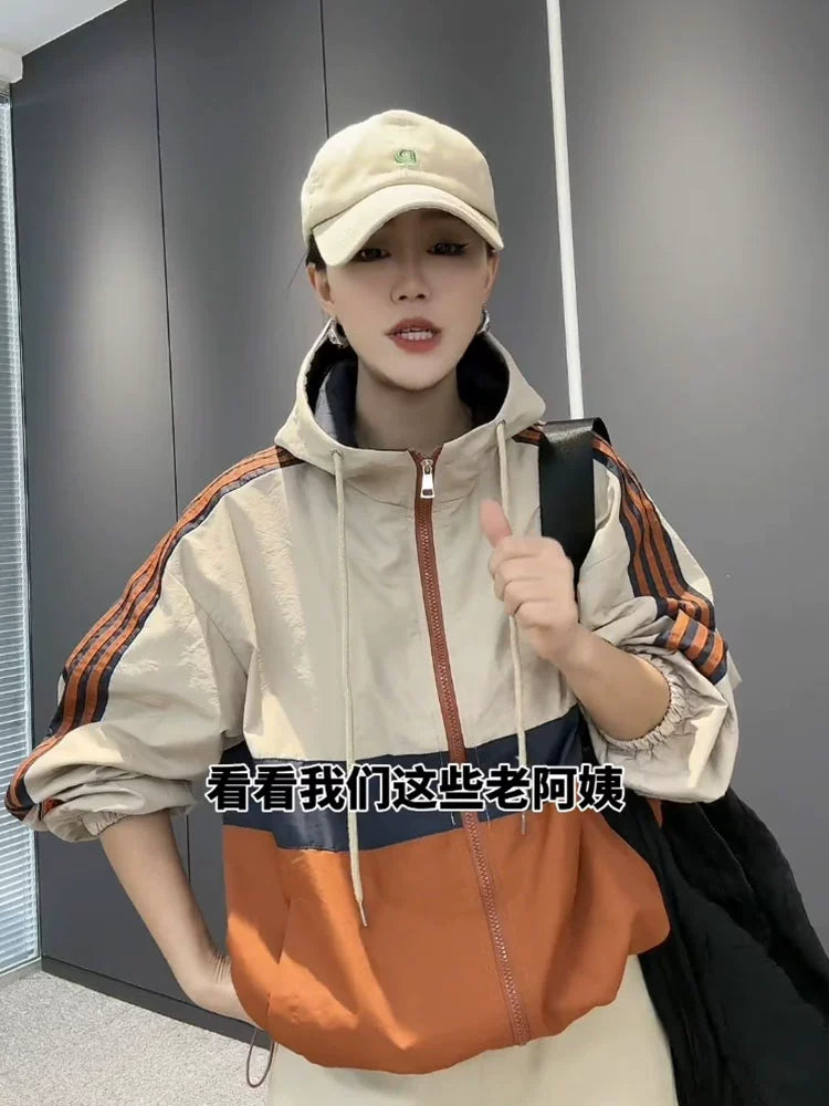 Coat for Women Casual Contrast Color Hooded with Lining Shell Jacket