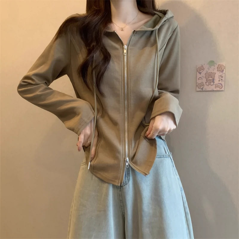 Women's Hooded Small Cardigan Outwear Long Sleeved Fitted T-shirt