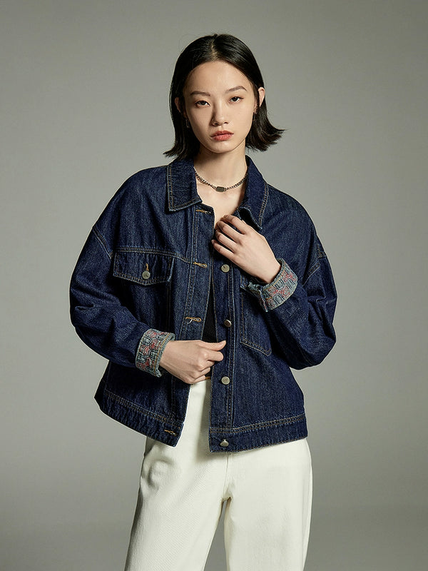 Toyouth Dark Blue Western Style Youthful-Looking Workwear Denim Jacket
