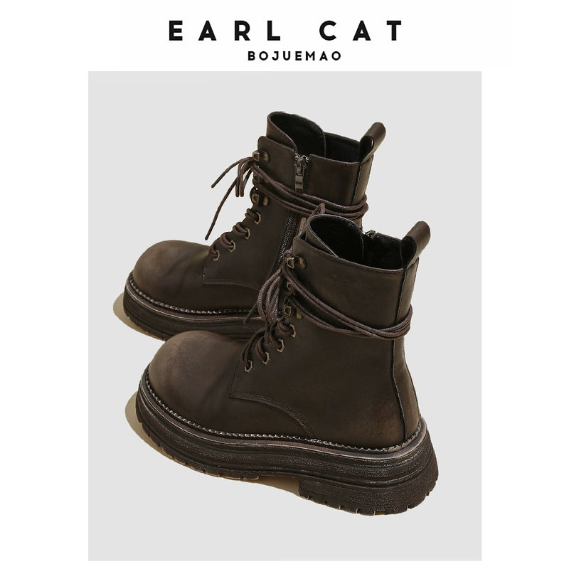 Earl Cat Authentic Leather British Style Boots Women's Boots 2023 Autumn and Winter Slimming Fashion All-Match Shoelace Platform Ankle Boots