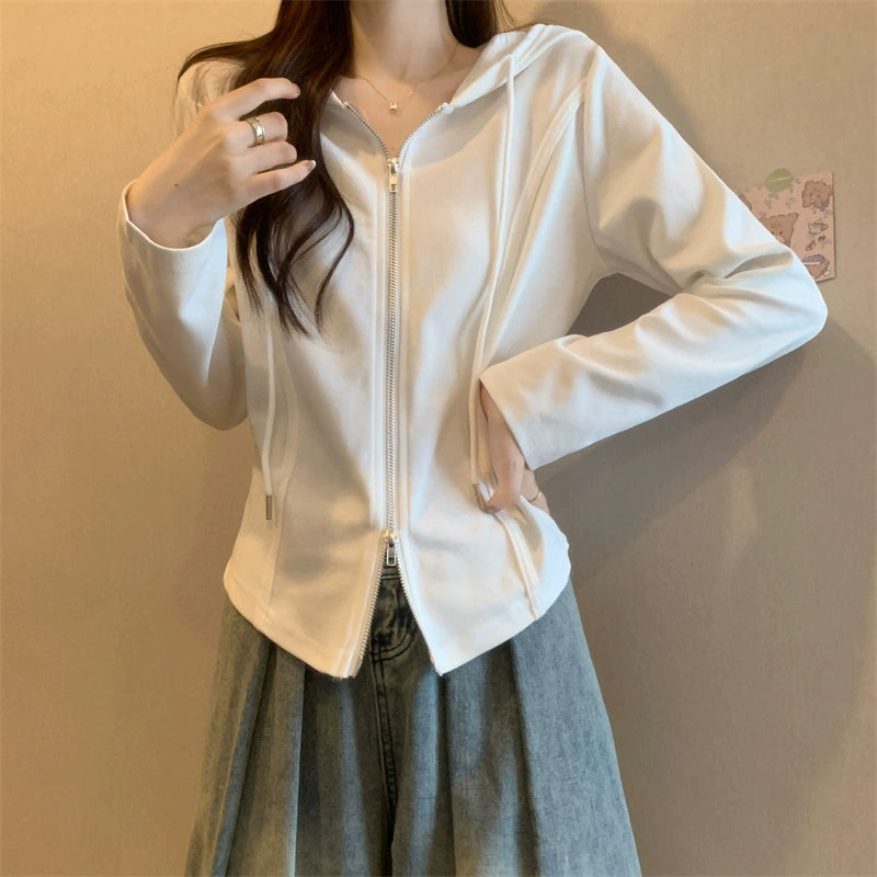 Women's Hooded Small Cardigan Outwear Long Sleeved Fitted T-shirt