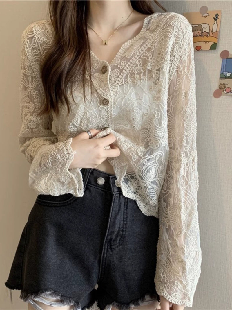 Coat Women's Lace Hollow out V-neck Shawl Knitted Cardigan