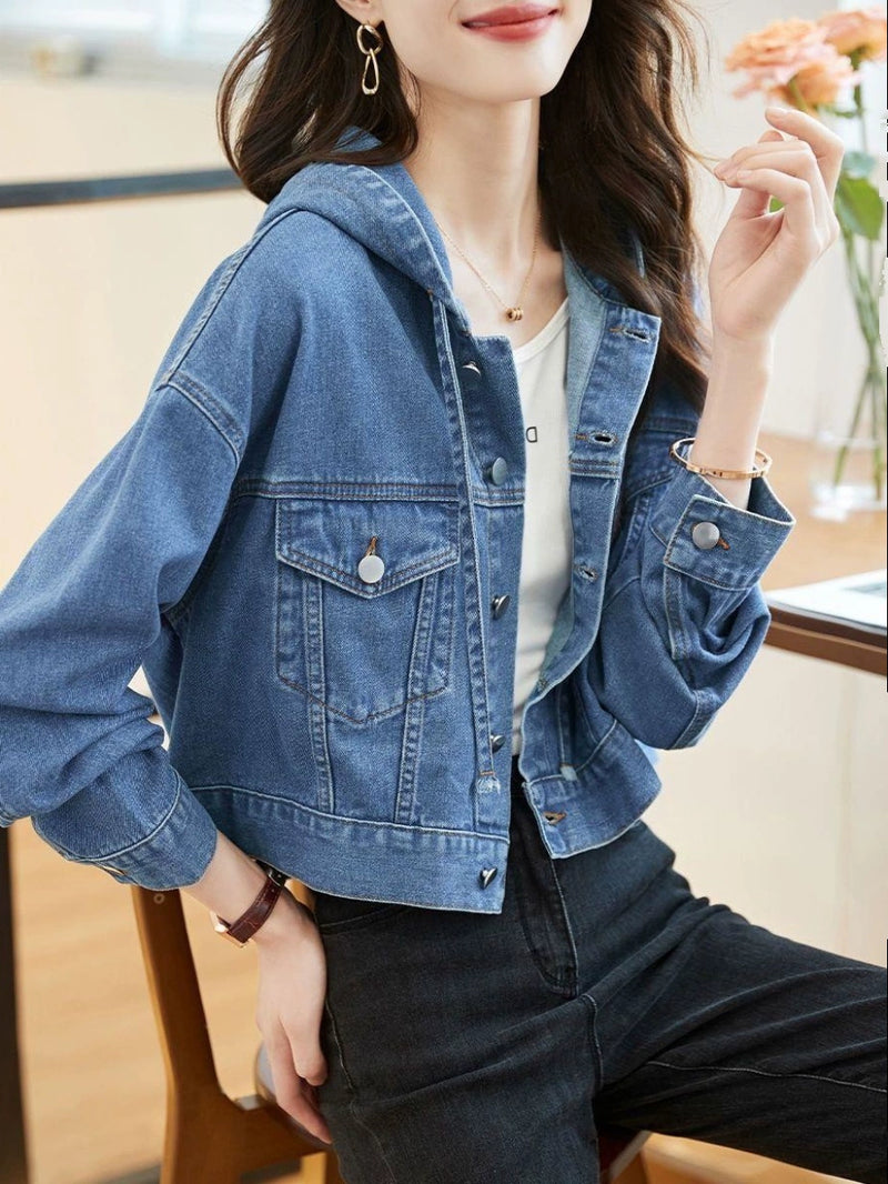 Casual Polo Collar Hooded Jacket Top Denim Short Coat