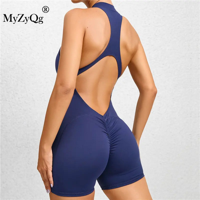 MyZyQg Women Tight Zipper Sports Yoga Playsuits Peach Buttocks One Piece Quick Dry Pleated Fitness  Ballet Dance Aerial Jumpsuit