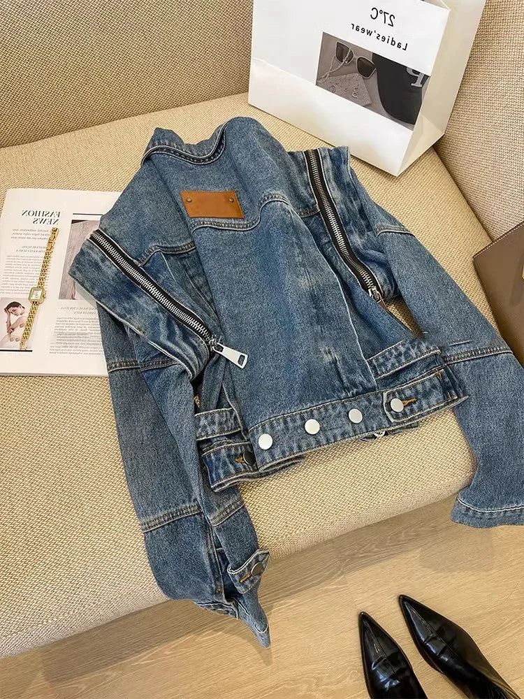 Vintage Streetwear Bomber Motorcycle Crop Denim Jacket Women Autumn Shoulder Pad Multi Zipper Short Ripped Jeans Jackets Outwear
