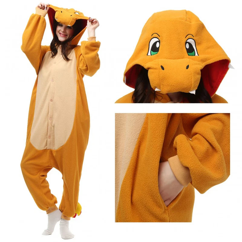 Pokemon Onesie Charmander Cosplay Costume Christmas Pajamas Fleece Women One-Piece Kigurumi Full Body Pijama Anime Whole Clothes