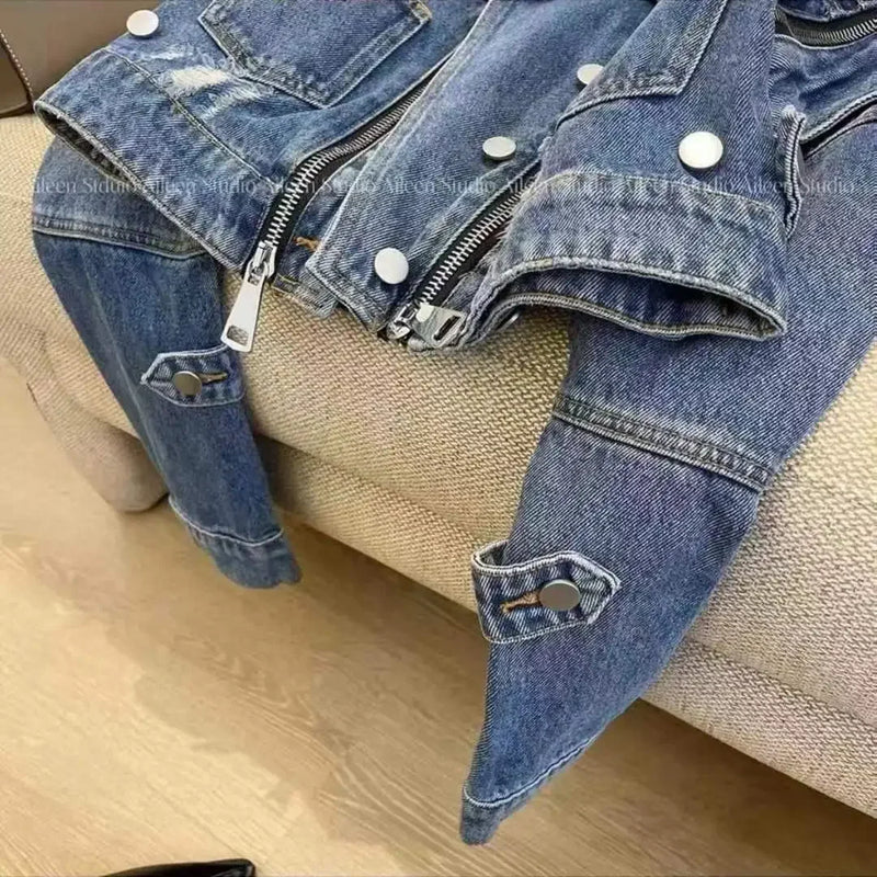 Vintage Streetwear Bomber Motorcycle Crop Denim Jacket Women Autumn Shoulder Pad Multi Zipper Short Ripped Jeans Jackets Outwear