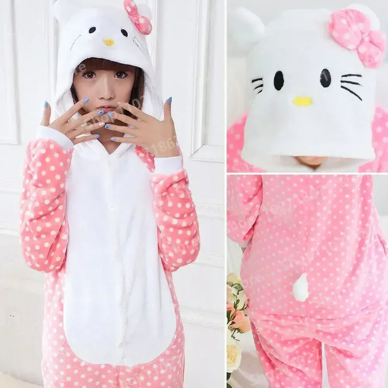 Hello Kitty Sanrio One-Piece Pajamas Sets Adults Winter Anime Onesies Boys Girls Pyjama Cartoon Cosplay Costume Christmas Gift