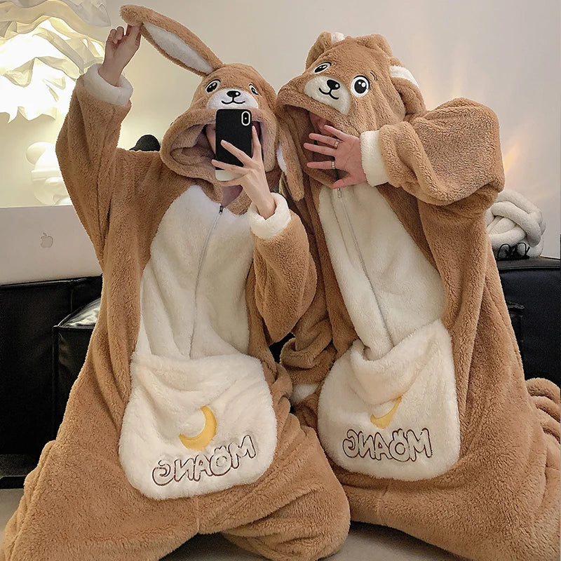 kangaroo Couples Pajamas Jumpsuits  Women Men Adult Winter Thicken Hooded Pyjamas Sleepwear Korean Loose Onesie Soft Warm Home