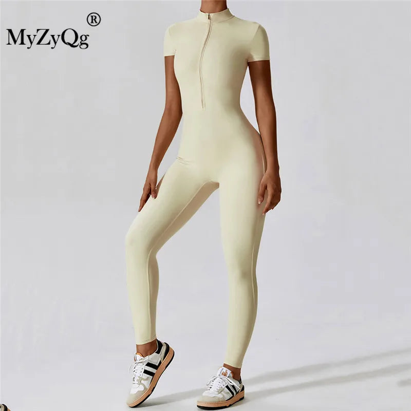 MyZyQg Women Summer Zipper Ballet Dance Aerial Short Sleeve Yoga Jumpsuit Female Dance Fitness Bodyfitting Sports Playsuits