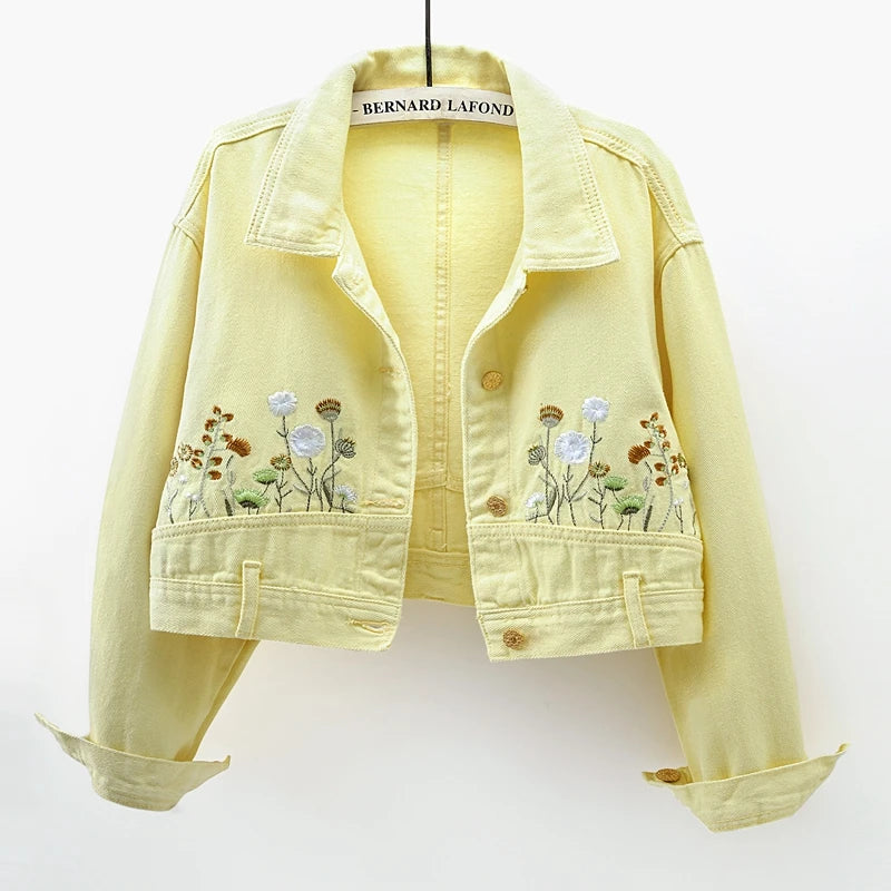 Chic Floral Embroidery Crop Denim Coats Women Lapel Long Sleeve Single Breasted Jeans Jacket Vintage Streetwear Female Outerwear