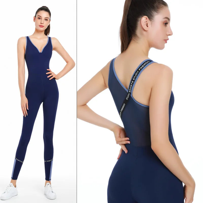 V-neck Mesh Patchwork Yoga Sets Women Sleeveless Gym Clothing Sports Suit with Padded Back Strap Cross Rompers Fitness Jumpsuit