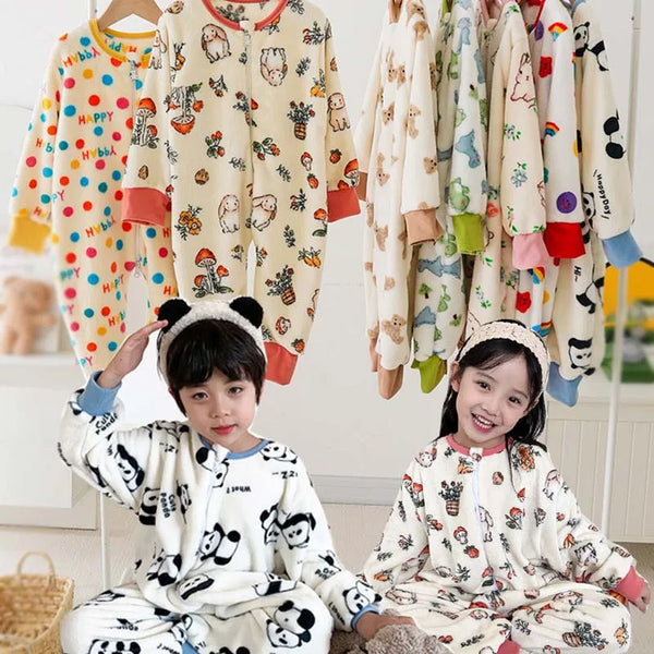 Winter Kids Baby Onesie Pajamas Flannel Thickened Split Leg Cartoon Printed Sleeping Bag Child Plush Warm Jumpsuit Sleapwear