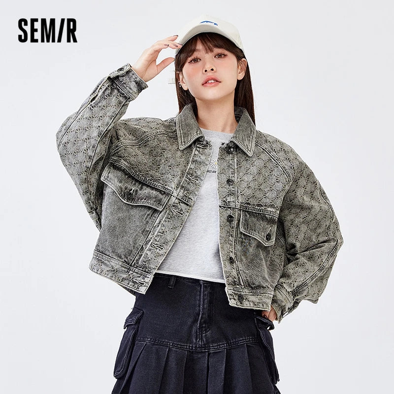 Semir Denim Jacket Women Bat Sleeve Raglan Sleeves 2023 Spring Loose Vintage Jacket Lapel