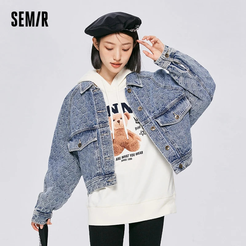 Semir Denim Jacket Women Bat Sleeve Raglan Sleeves 2023 Spring Loose Vintage Jacket Lapel