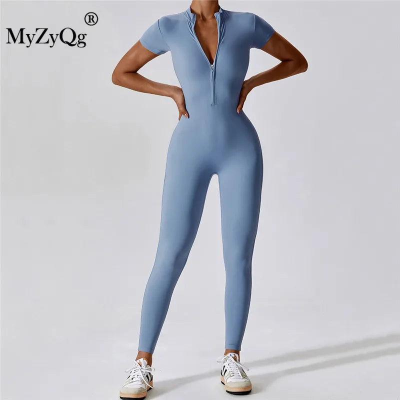 MyZyQg Women Summer Zipper Ballet Dance Aerial Short Sleeve Yoga Jumpsuit Female Dance Fitness Bodyfitting Sports Playsuits